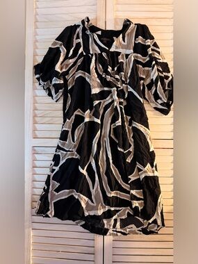 Donna Karan Black, Cream & Taupe Abstract Midi Dress